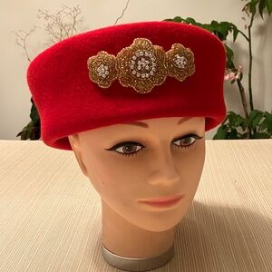 Elegant Red Wool Hat with Gold Rhinestone Beaded Embellishments